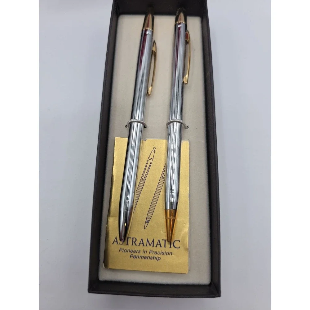 ASTRAMATIC Ballpoint Pens Set Chrome Gold Finish Vintage Penmanship Collection